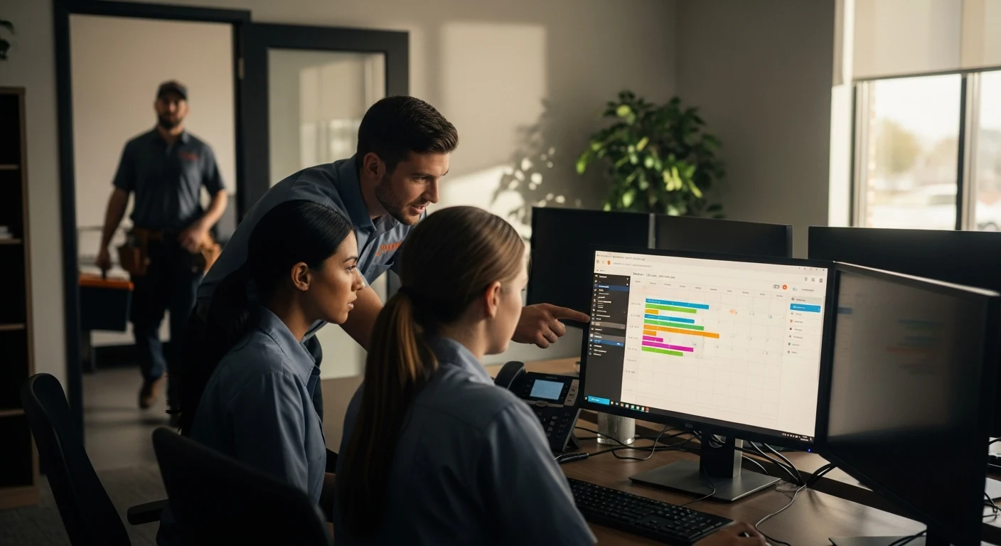 Realistic hvac team scene illustrating booking automation with an AI front desk workflow