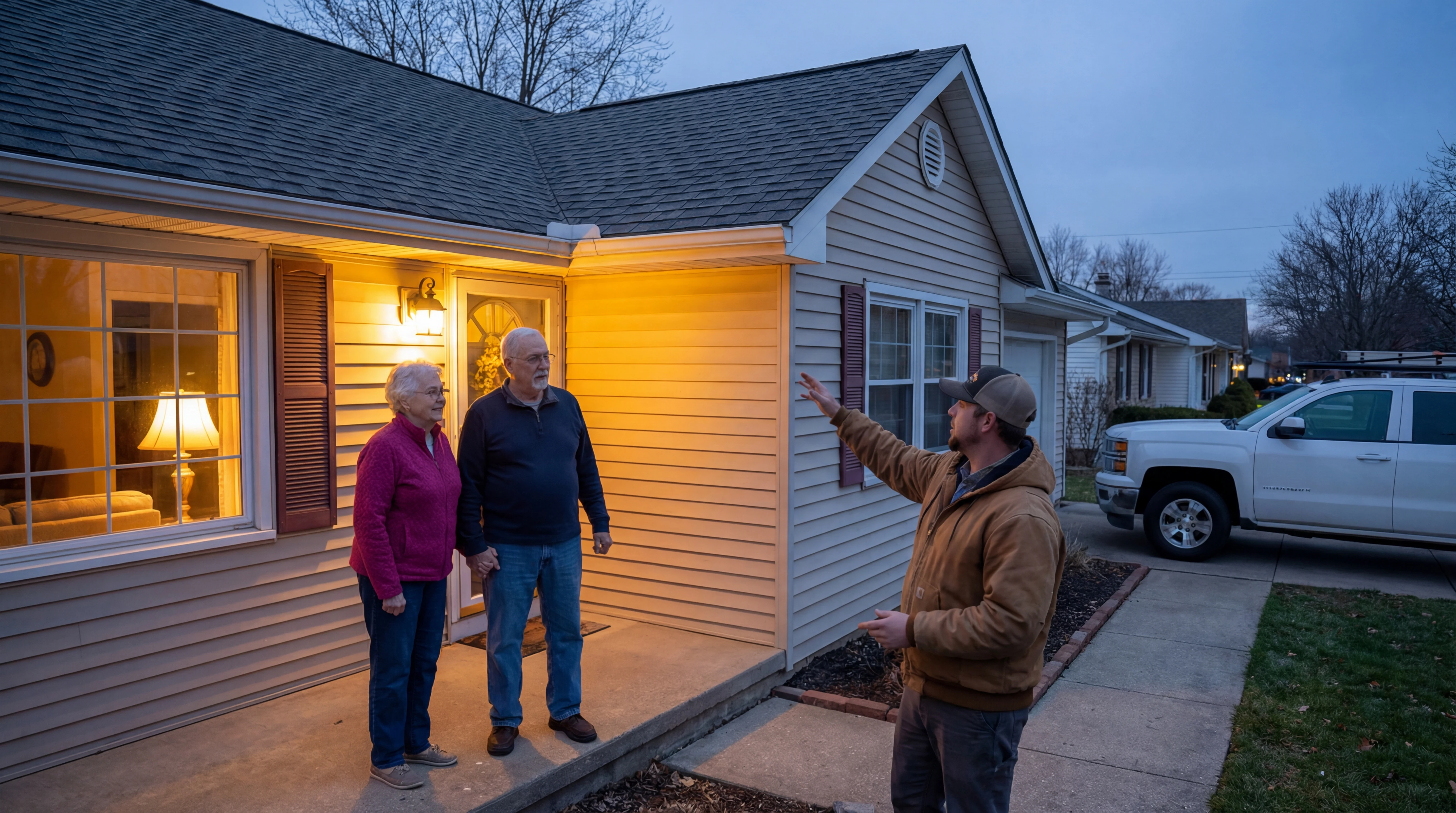 Realistic roofing team scene illustrating after-hours answering in a home service workflow