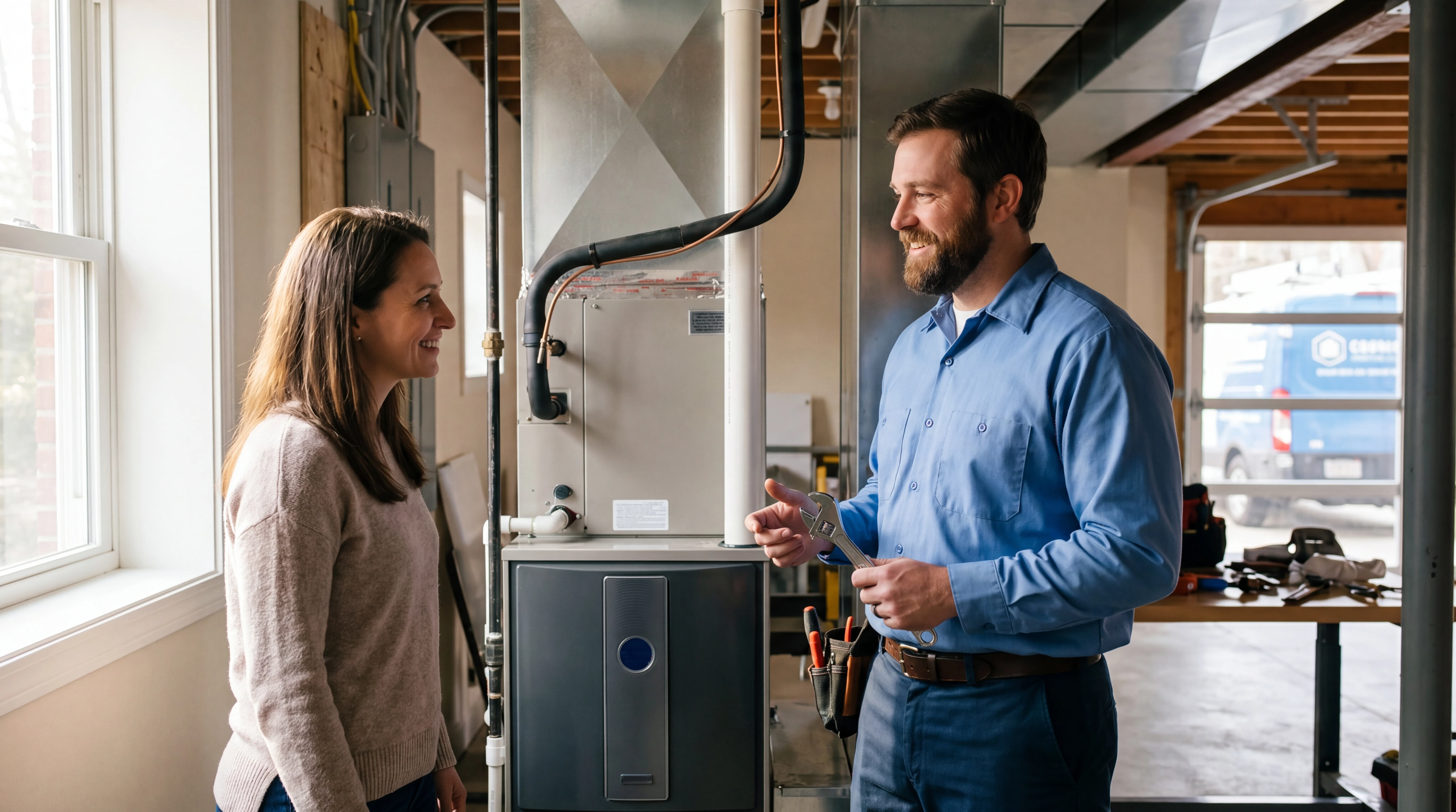 Realistic hvac team scene illustrating fsm-integrated workflows in a home service workflow