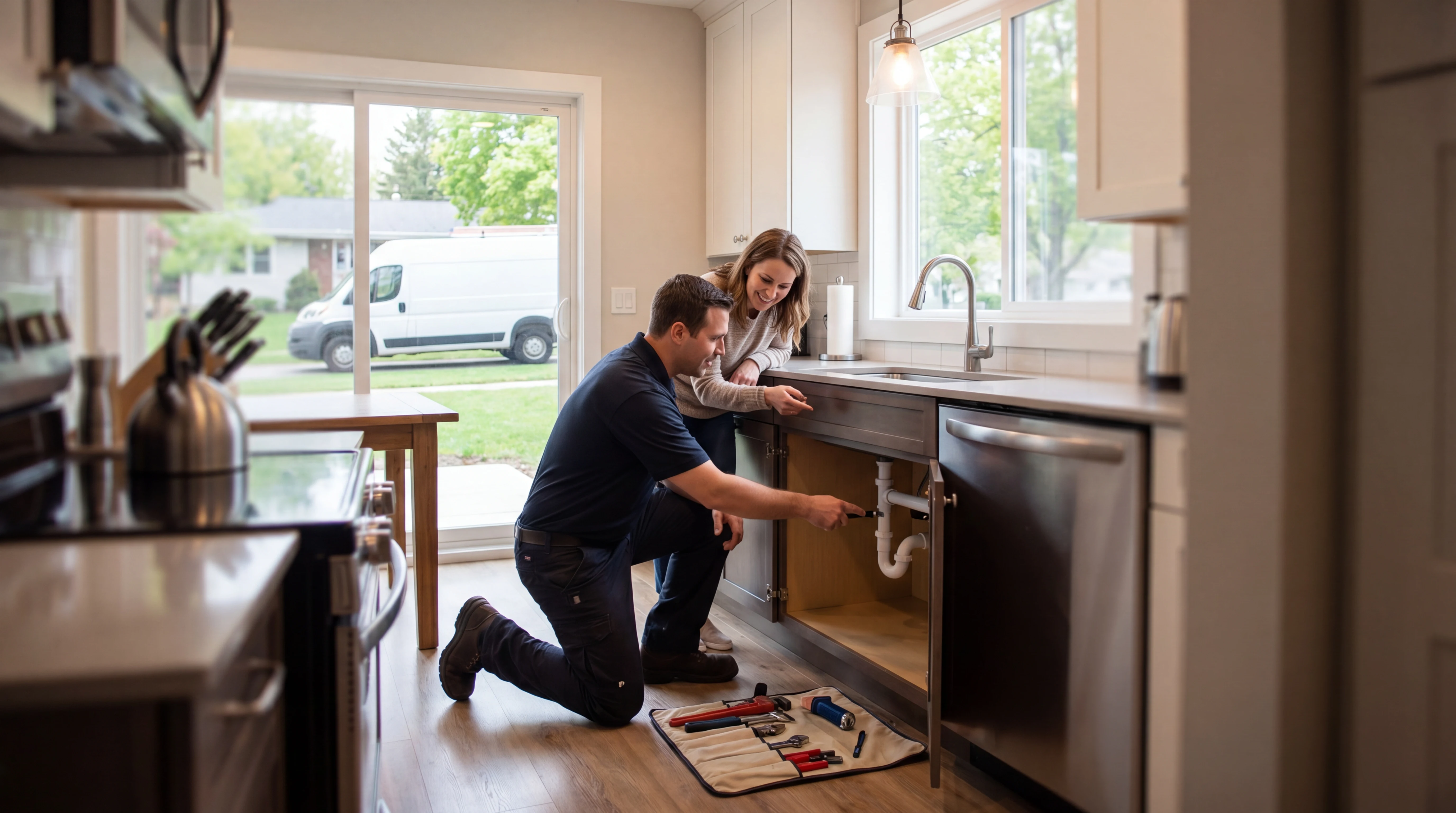 Realistic plumbing team scene illustrating fsm-integrated workflows in a home service workflow