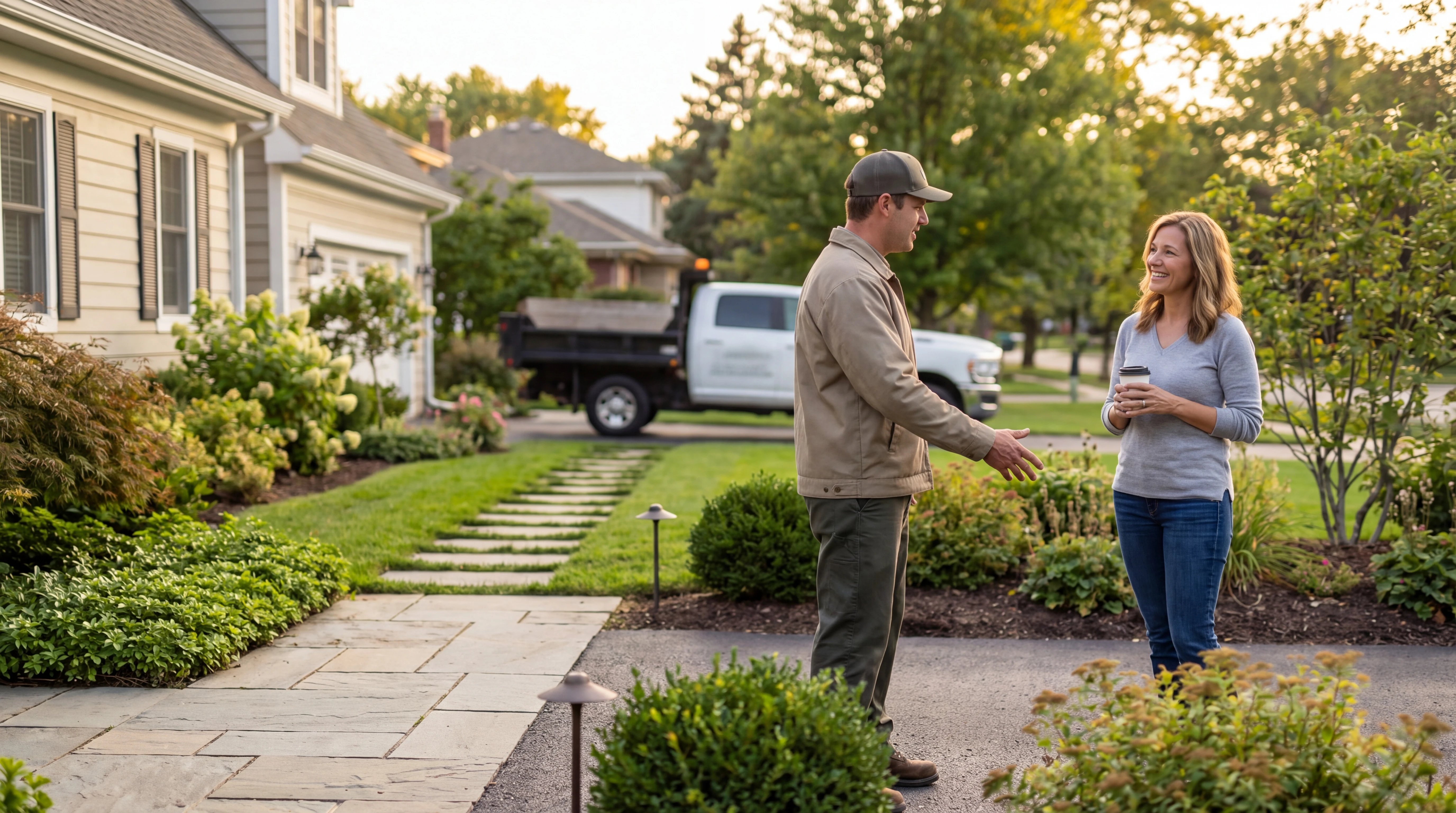 Realistic landscaping team scene illustrating automated customer follow-up after a completed service call
