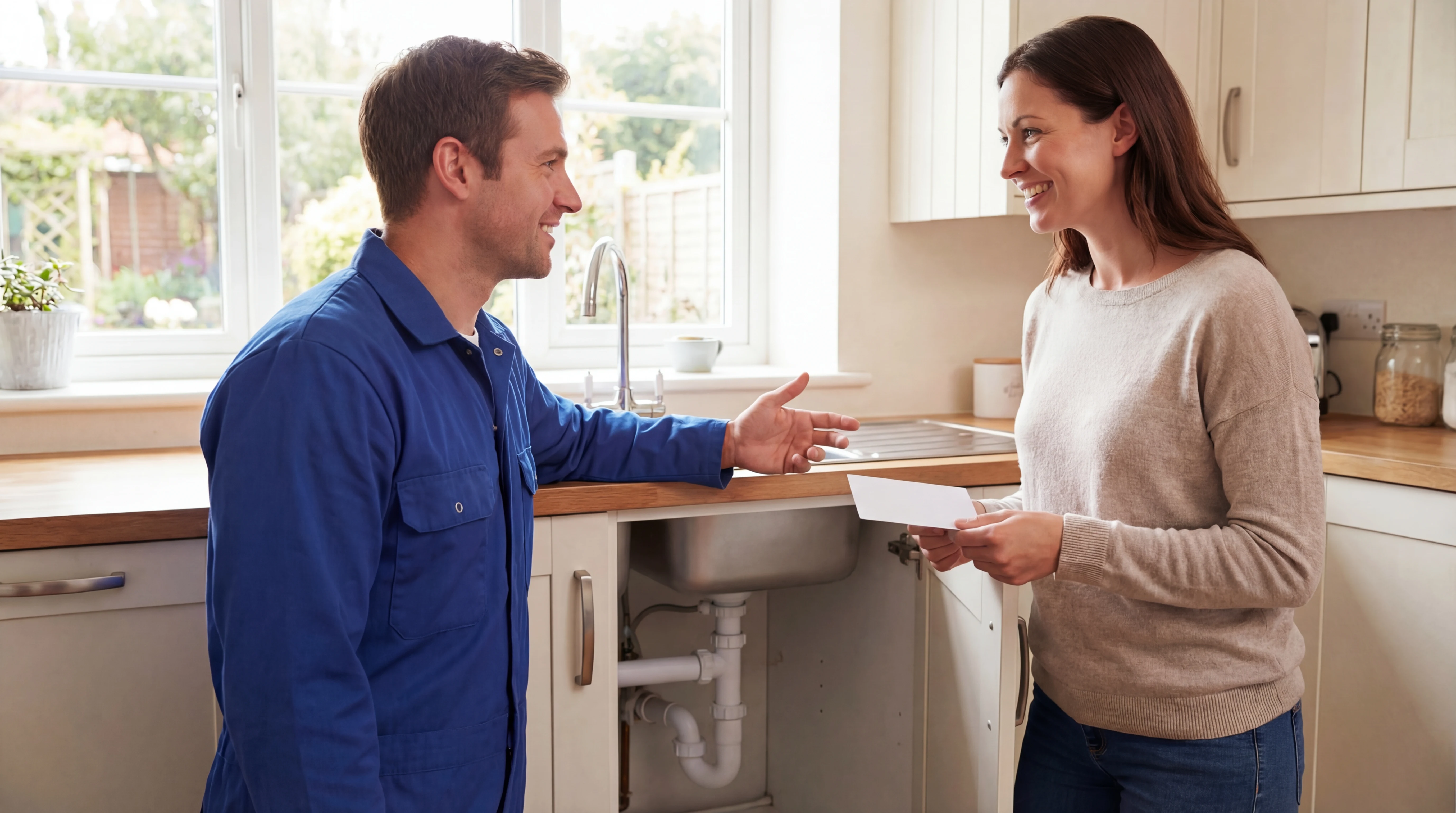 Realistic plumbing team scene illustrating automated customer follow-up after a completed service call