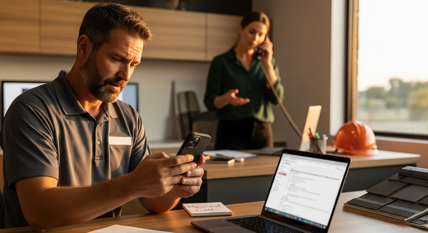 Realistic roofing team scene illustrating missed-call recovery with an AI front desk workflow