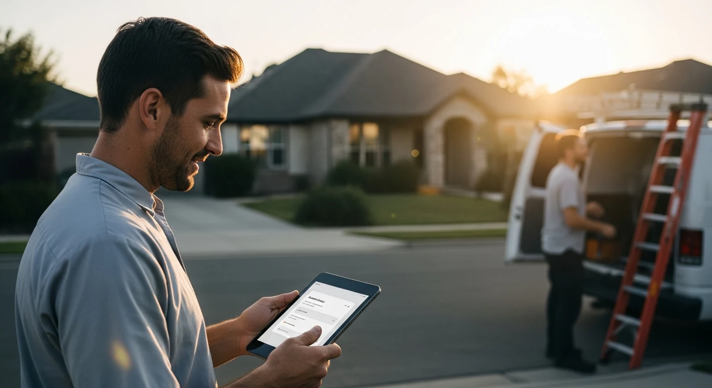 Realistic roofing team scene illustrating review automation with an AI front desk workflow